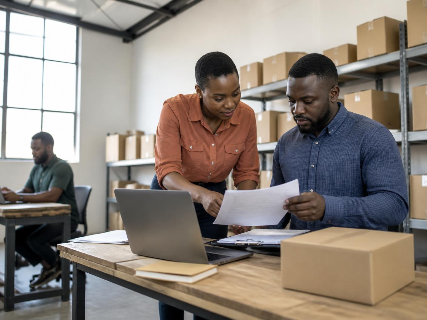 A small business operations team reviewing an inventory dashboard in their warehouse office
